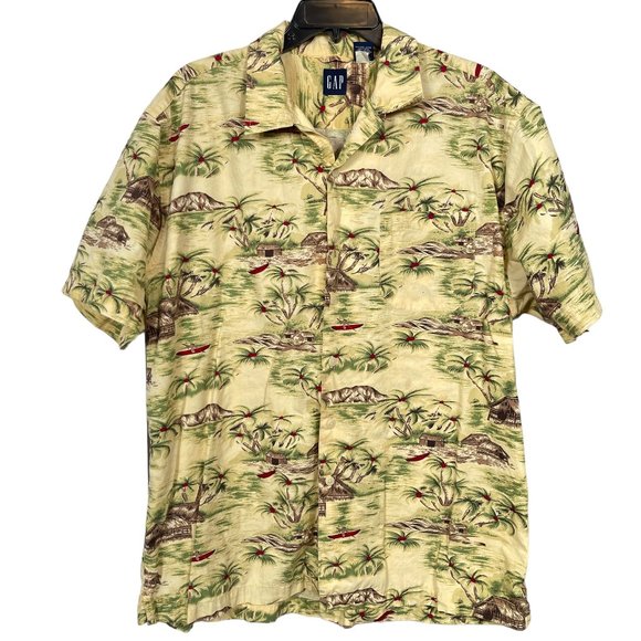 GAP Hawaiian Shirt Mens Large Yellow Tropical Button Up Cotton Lightweight - Picture 1 of 9